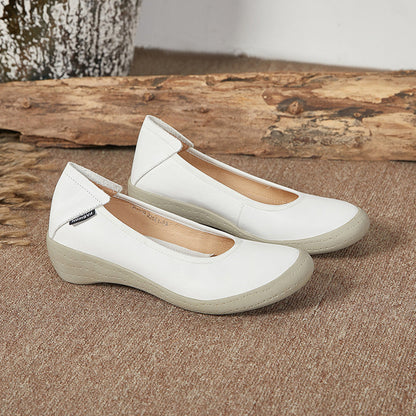Zapatos de salón de piel auténtica para mujer, con punta redonda y tacón de cuña bajo – Elegantes zapatos sin cordones para la oficina y el día a día con comodidad