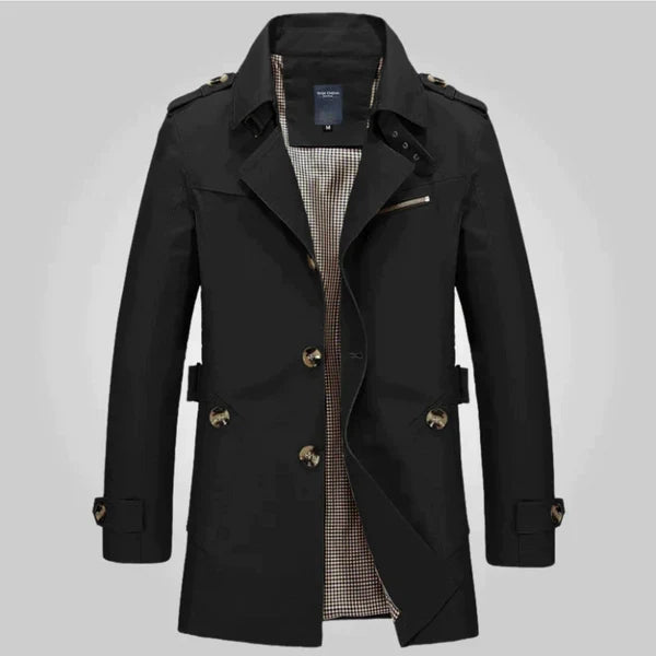 Pánský dvouřadý trenčkot střední délky s nárameníky a pásky na manžetách – elegantní kabát na míru na podzim, zimu, do kanceláře i ve stylu smart casual