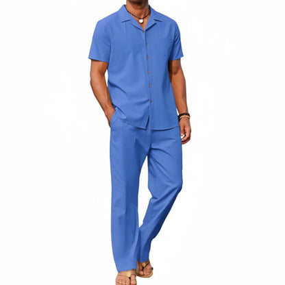 Men's Linen Summer Set with Short-Sleeve Shirt and Trousers - Lightweight, Casual Outfit for Warm Days and Summer Vacations