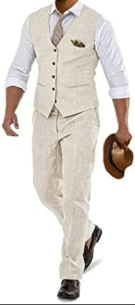 Męski letni zestaw lniany z kamizelką i spodniami - lekki i elegancki strój na wesela, letnie przyjęcia i uroczyste okazje
