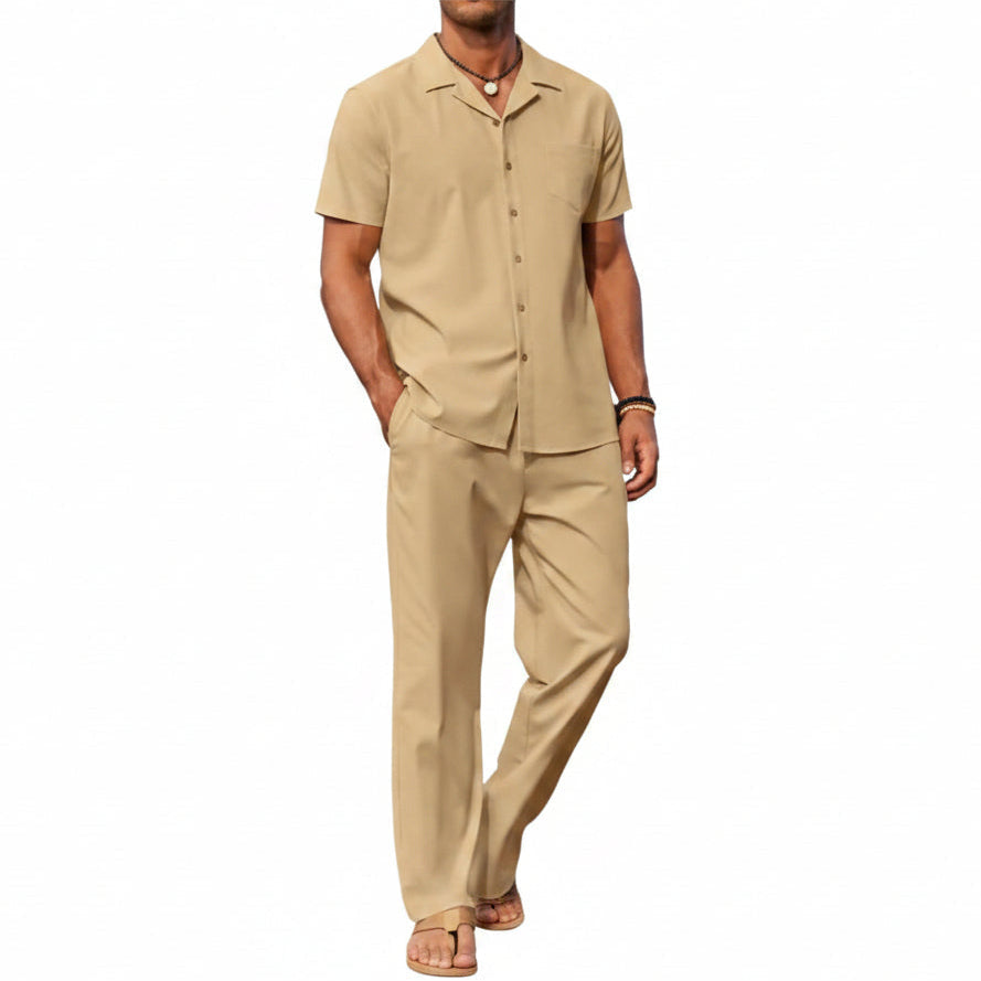 Men's Linen Summer Set with Short-Sleeve Shirt and Trousers - Lightweight, Casual Outfit for Warm Days and Summer Vacations