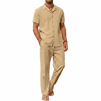 Men's Linen Summer Set with Short-Sleeve Shirt and Trousers - Lightweight, Casual Outfit for Warm Days and Summer Vacations