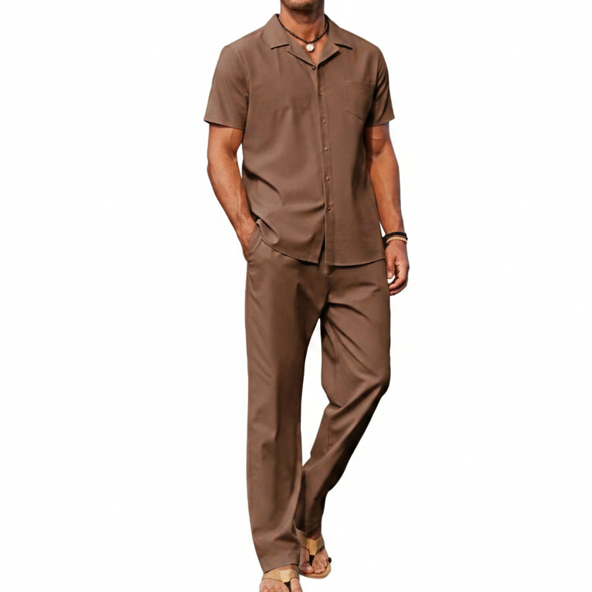 Men's Linen Summer Set with Short-Sleeve Shirt and Trousers - Lightweight, Casual Outfit for Warm Days and Summer Vacations