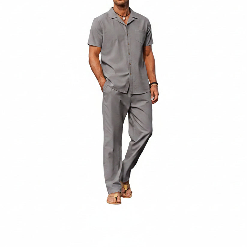 Men's Linen Summer Set with Short-Sleeve Shirt and Trousers - Lightweight, Casual Outfit for Warm Days and Summer Vacations