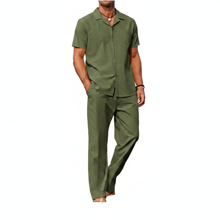 Men's Linen Summer Set with Short-Sleeve Shirt and Trousers - Lightweight, Casual Outfit for Warm Days and Summer Vacations
