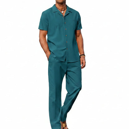 Men's Linen Summer Set with Short-Sleeve Shirt and Trousers - Lightweight, Casual Outfit for Warm Days and Summer Vacations