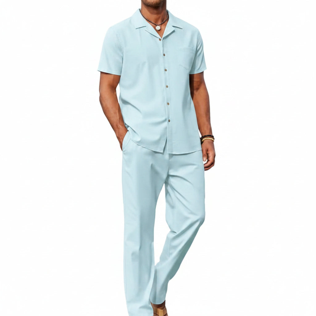 Men's Linen Summer Set with Short-Sleeve Shirt and Trousers - Lightweight, Casual Outfit for Warm Days and Summer Vacations