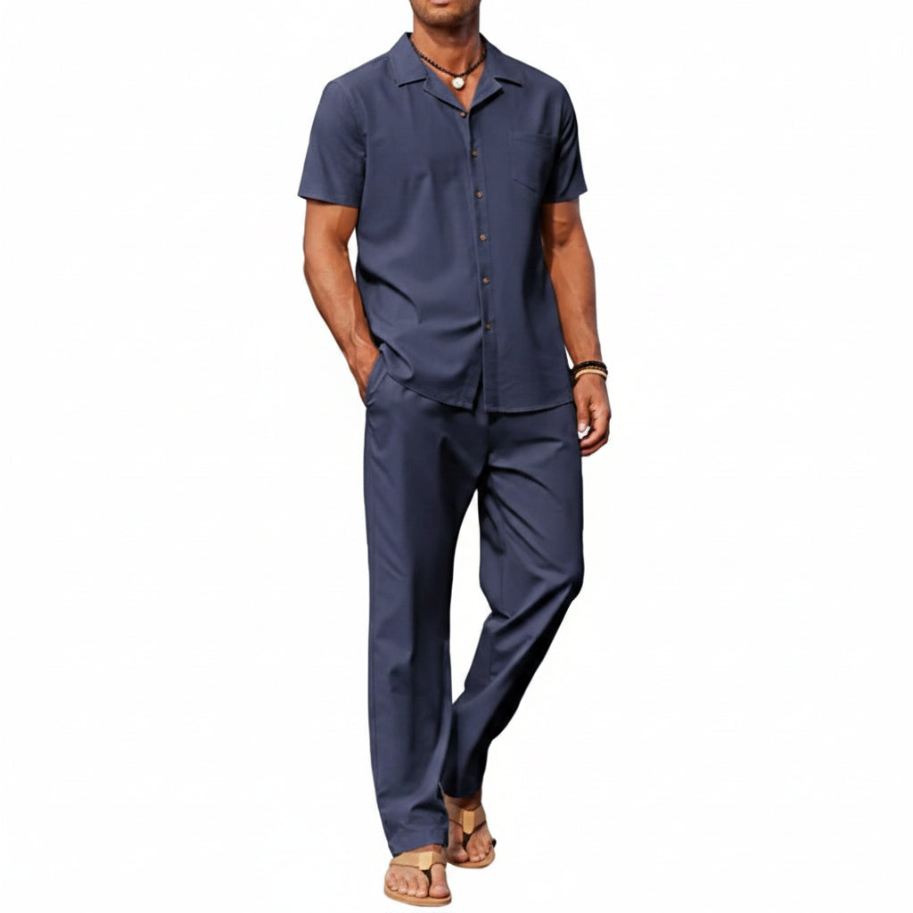 Men's Linen Summer Set with Short-Sleeve Shirt and Trousers - Lightweight, Casual Outfit for Warm Days and Summer Vacations