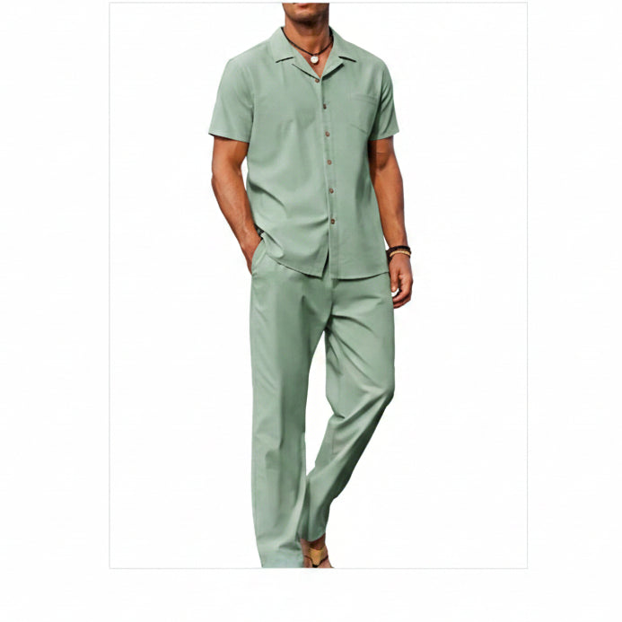 Men's Linen Summer Set with Short-Sleeve Shirt and Trousers - Lightweight, Casual Outfit for Warm Days and Summer Vacations