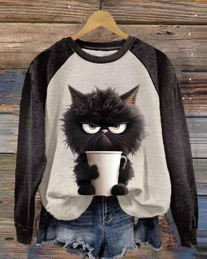 Dame Sweatshirt Med Grumpy Cat- Og Kaffeprint Samt Raglanærmer – Afslappet Pullover Til Efterår, Hverdagsbrug Og Casual Stil