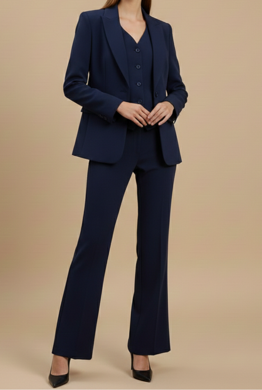 Women's three-piece suit with fitted blazer, vest, and flared trousers - an elegant set for business, formal events, and stylish occasions