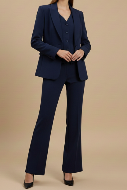 Women's three-piece suit with fitted blazer, vest, and flared trousers - an elegant set for business, formal events, and stylish occasions