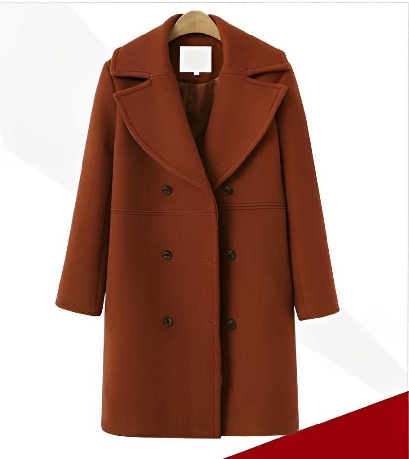 Dámský dlouhý dvouřadý vlněný kabát – teplý a elegantní zimní kabát na chladné dny, každodenní nošení a styl smart casual