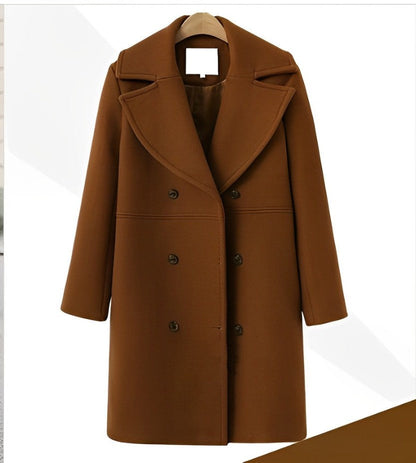 Dámský dlouhý dvouřadý vlněný kabát – teplý a elegantní zimní kabát na chladné dny, každodenní nošení a styl smart casual