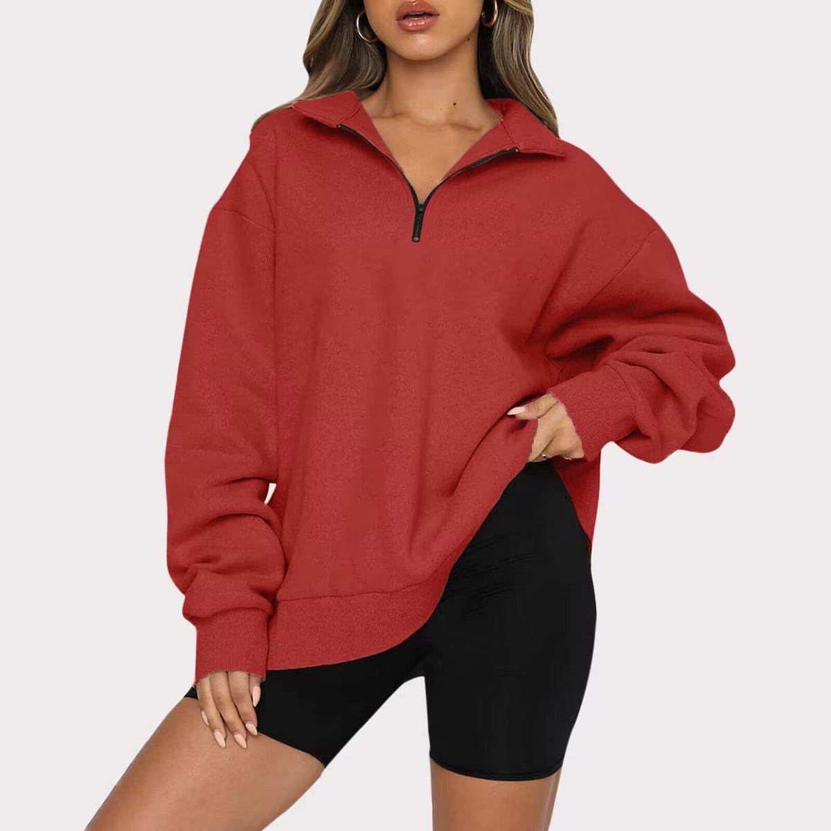 Dame Oversized Half-zip Sweatshirt Med Krave Og Lange Ærmer – Afslappet Pullover Til Hverdagsbrug, Fritid Og Lag-på-lag Styling