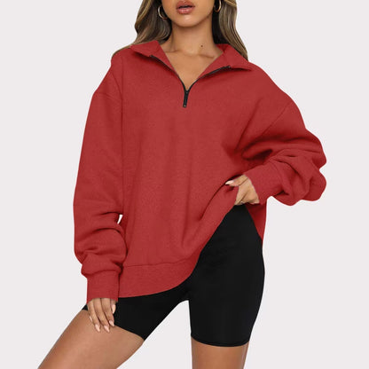 Dame Oversized Half-zip Sweatshirt Med Krave Og Lange Ærmer – Afslappet Pullover Til Hverdagsbrug, Fritid Og Lag-på-lag Styling