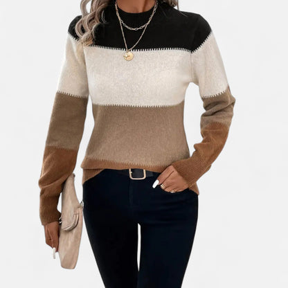 Suéter de punto a rayas para mujer con cuello redondo - Suéter clásico para otoño, invierno, uso diario y estilo smart casual