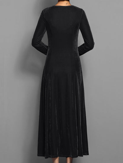 Dámské sametové maxi šaty s dlouhými rukávy a střihem fit-and-flare – elegantní šaty na večírek, svatbu a formální příležitosti