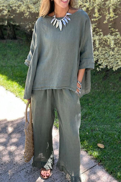 Women's cotton and linen 2-piece set with 3/4-sleeve top and ruffle trim - relaxed wide-leg pants set for summer, everyday wear, and vacation