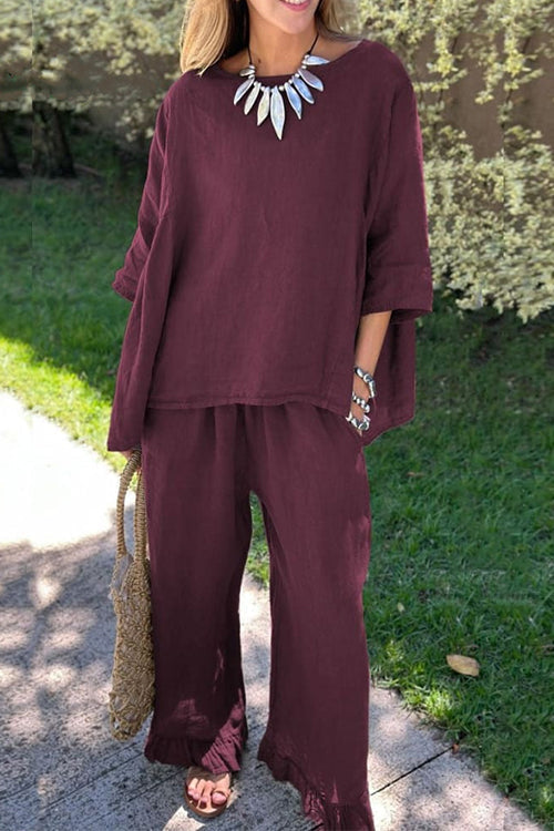 Women's cotton and linen 2-piece set with 3/4-sleeve top and ruffle trim - relaxed wide-leg pants set for summer, everyday wear, and vacation