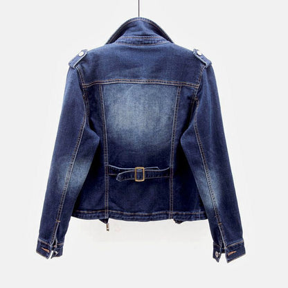 Chaqueta motera corta de denim para mujer con cremallera y cuello de solapa - Chaqueta moderna de inspiración motera para el día a día informal y un estilo urbano