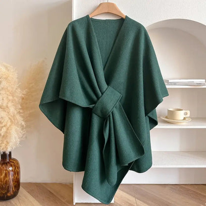 Women's Belted Poncho Coat – Wind-Resistant Outerwear for Autumn, Winter, Leisure, and Everyday Wear