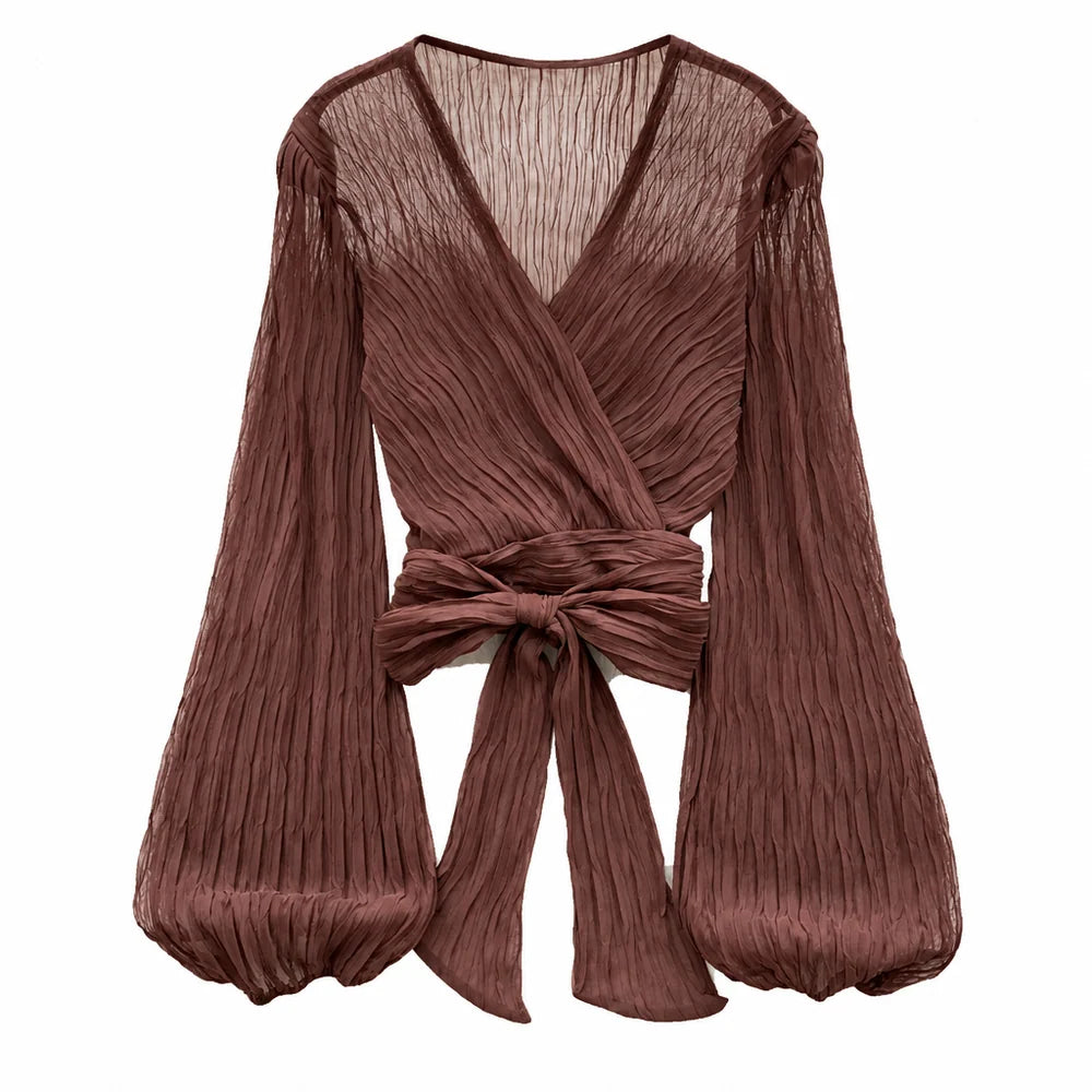 Women's wrap blouse with V-neck and pleated long sleeves - elegant top with a front tie for stylish everyday wear and smart-casual outfits