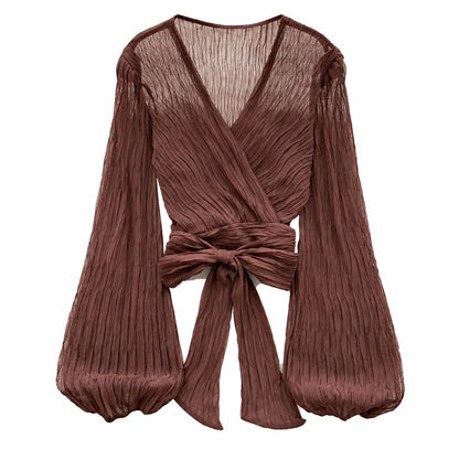 Women's wrap blouse with V-neck and pleated long sleeves - elegant top with a front tie for stylish everyday wear and smart-casual outfits