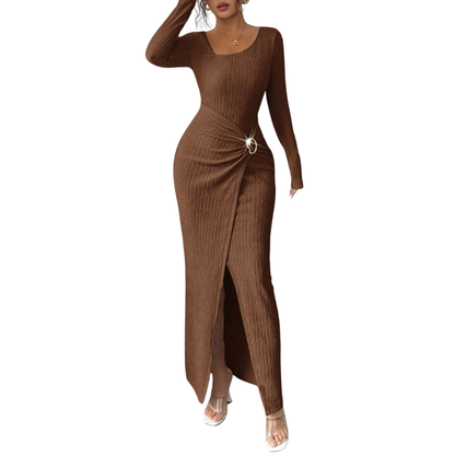 Maxivestido ajustado para mujer con fruncidos, escote cuadrado y abertura - Elegante vestido de manga larga para fiestas y eventos nocturnos