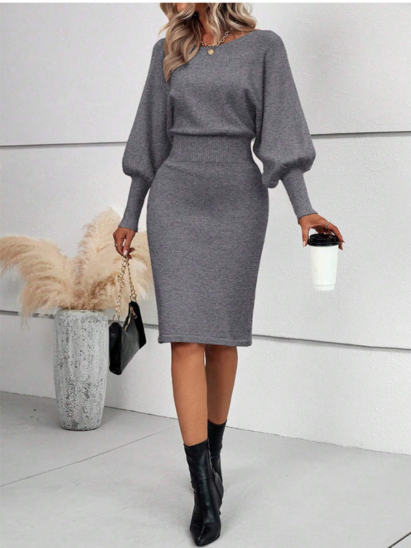 Women's Knitted Midi Dress with Batwing Sleeves and Defined Waist - Elegant Dress for Work, Smart Casual Style, Fall, Winter, and Everyday Wear