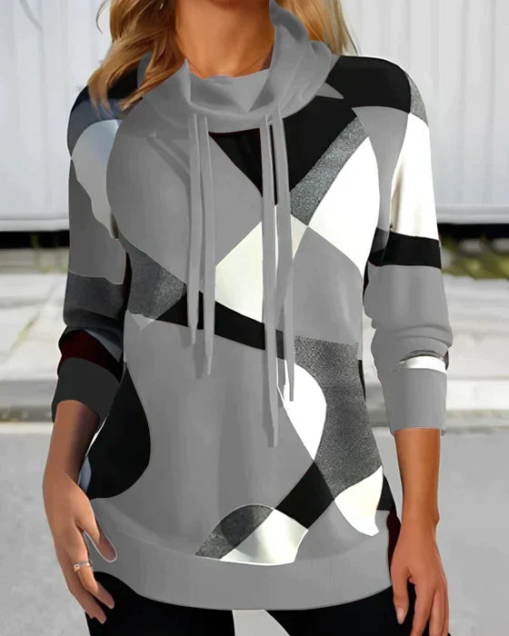 Dame Abstrakt Color-block Sweatshirt Med Cowl-hals – Afslappet Pullover Til Hverdagsbrug, Fritid Og Moderne Stil