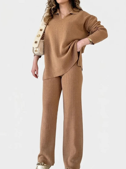 Dame Ribstrikket 2-delt Loungesæt Med Afslappet V-hals Tunikatop Og Bukser Med Brede Ben – Blødt Sæt Til Hverdagsbrug, Fritid Og Afslapning