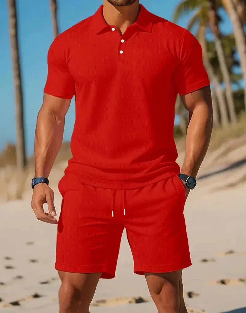 Herre Strikket Polo Og Shorts Co-Ord Sæt Til Hverdag Og Ferie