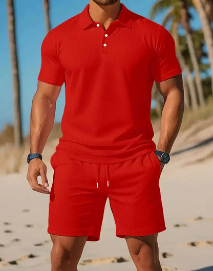 Herre Strikket Polo Og Shorts Co-Ord Sæt Til Hverdag Og Ferie