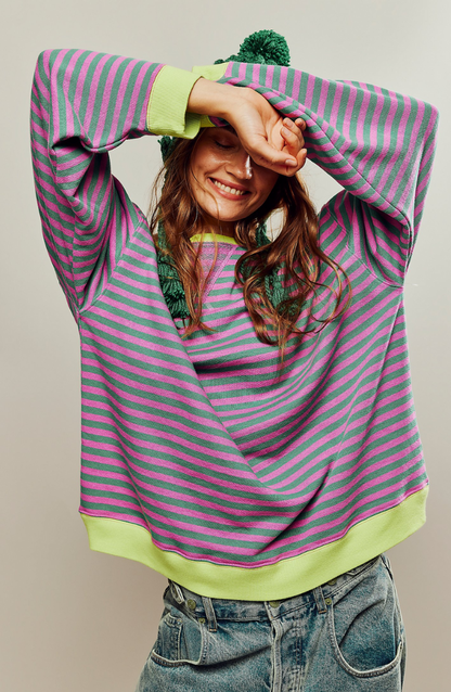 Women's Oversized Striped Sweatshirt with Dropped Shoulders - Relaxed Pullover for Everyday Wear, Leisure, and Layering