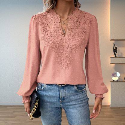 Women's Blouse with Lace Trim and V-Neck – Textured Long-Sleeve Top for Elegant Everyday Wear