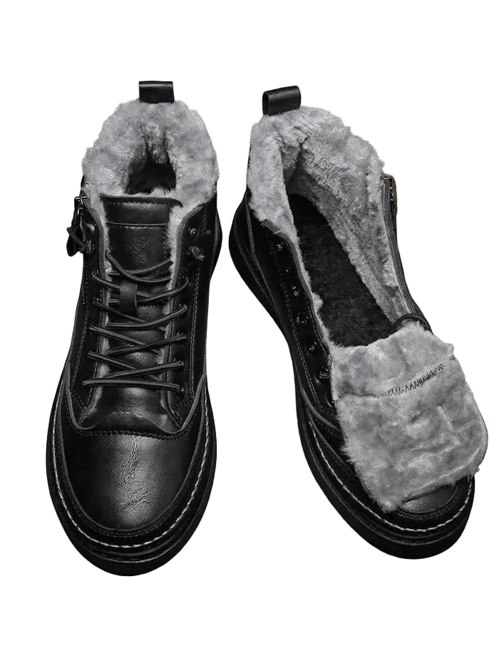 Botines de cuero para hombre con forro de piel, cordones y suela de plataforma - botas de invierno cálidas para días fríos, uso diario y tiempo libre