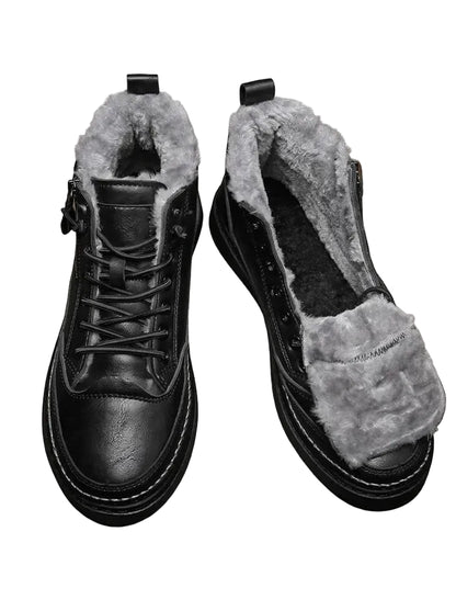 Botines de cuero para hombre con forro de piel, cordones y suela de plataforma - botas de invierno cálidas para días fríos, uso diario y tiempo libre