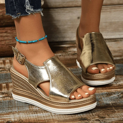 Dame Sandaler Med Metallisk Platform Og Kilehæl – Slingback-Sandaler Til Sommerbrug