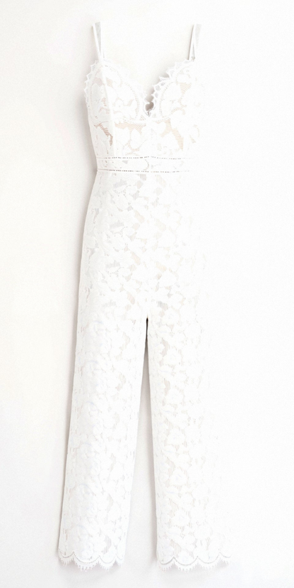 Dame Jumpsuit Med Brede Ben, Blondedetaljer Og V-hals – Elegant Heldragt Med Spaghettistropper Til Bryllupper, Aftenarrangementer Og Festlige Anledninger