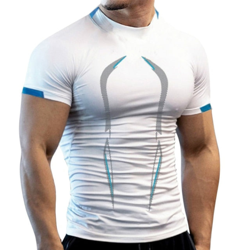 Tricou de compresie bărbătesc cu mâneci scurte și croială cambrată – bluză sport de antrenament cu panouri de performanță pentru fitness, alergare și sport
