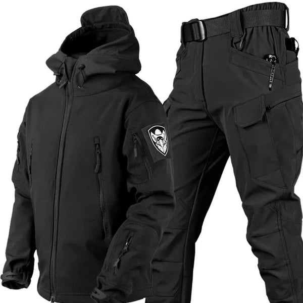 Conjunto outdoor cortavientos para hombre con capucha, chaqueta utilitaria y pantalones cargo - Conjunto resistente al agua para senderismo, tiempo libre y actividades al aire libre