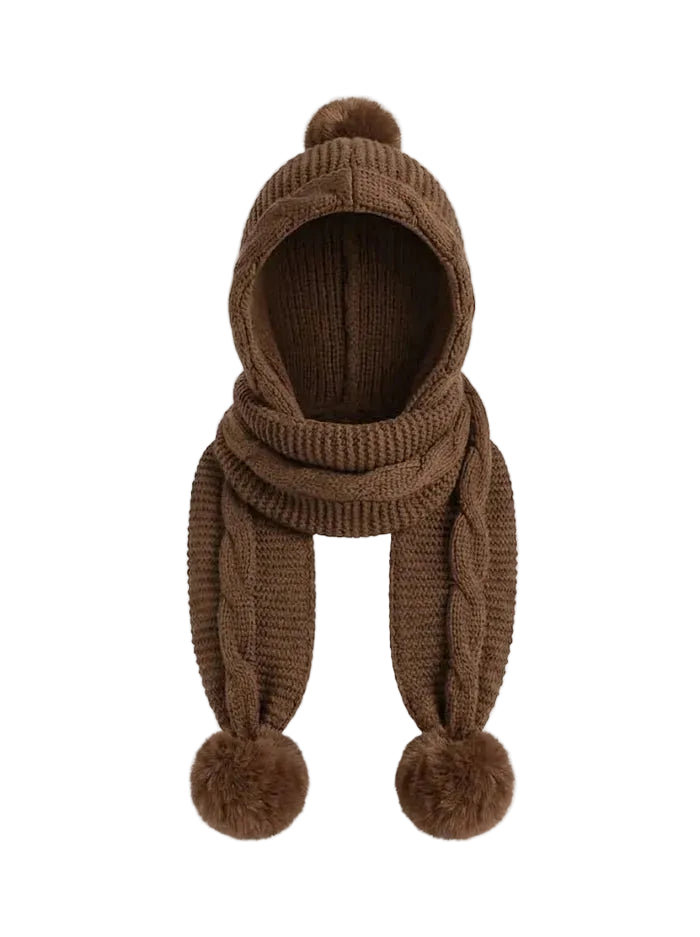 Eșarfă-cagulă tricotată de damă, cu design chunky și șnururi cu ciucuri mari – accesoriu de iarnă călduros pentru zile reci, purtare zilnică și timp liber