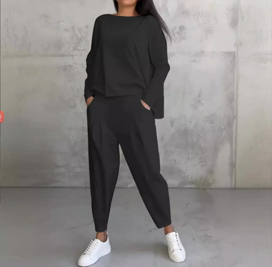 Dame Minimalistisk 2-delt Loungesæt Med Draperet Langærmet Top Og Tapered Bukser Med Lommer – Elegant Sæt Til Hverdagsbrug, Fritid Og Afslapning