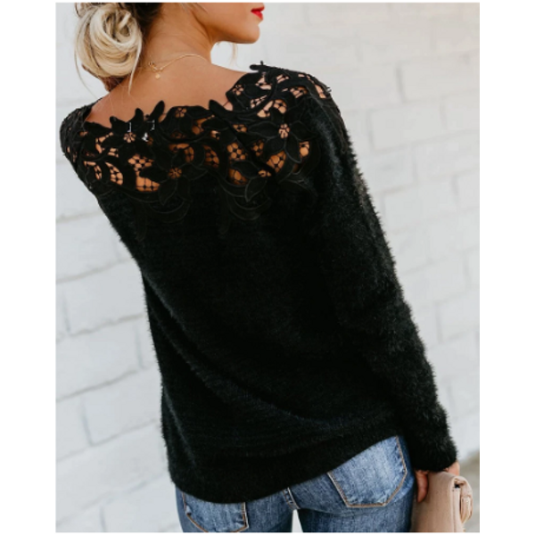 Jersey ligero de punto para mujer con detalles de encaje y escote floral - Jersey elegante para el día a día, la oficina, el tiempo libre y un estilo casual elegante