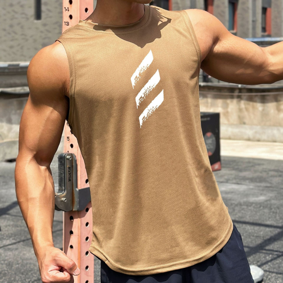 Top deportivo ligero sin mangas para hombre con cuello redondo y detalle gráfico frontal - Top deportivo de entrenamiento para fitness, correr, hacer deporte y disfrutar del tiempo libre