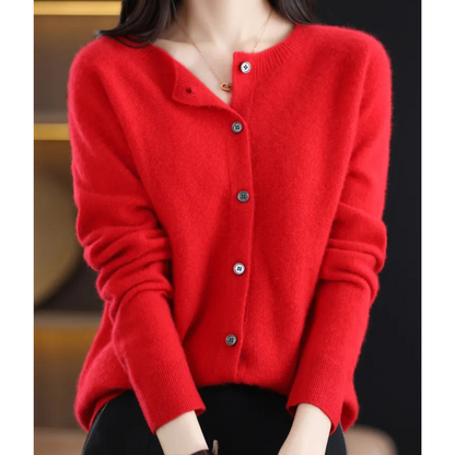 Cardigan de damă din lână merinos și cașmir – tricot elegant cu guler rotund pentru iarnă, birou, purtare zilnică și ocazii festive