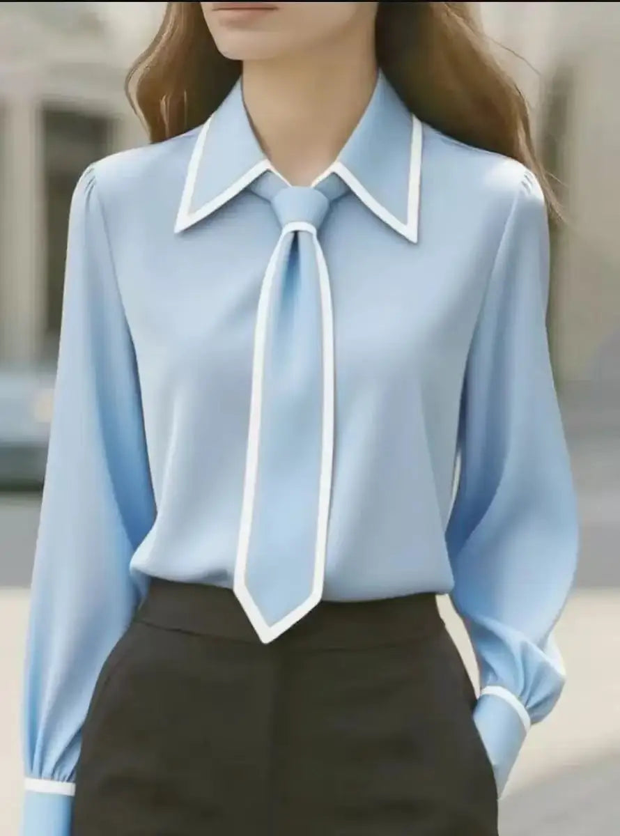 Dame Bluse Med Kontrastkant Og Bindebånd I Halsen – Elegant Langærmet Bluse Til Kontor, Hverdagsbrug Og Smart Casual Stil