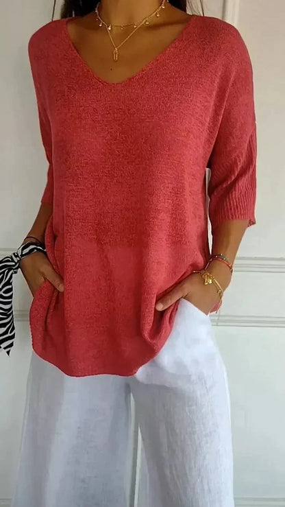 Women's Loose-Fit V-Neck Knit Top – Lightweight and Long Knitwear for Everyday Wear, Leisure and Smart Casual Style