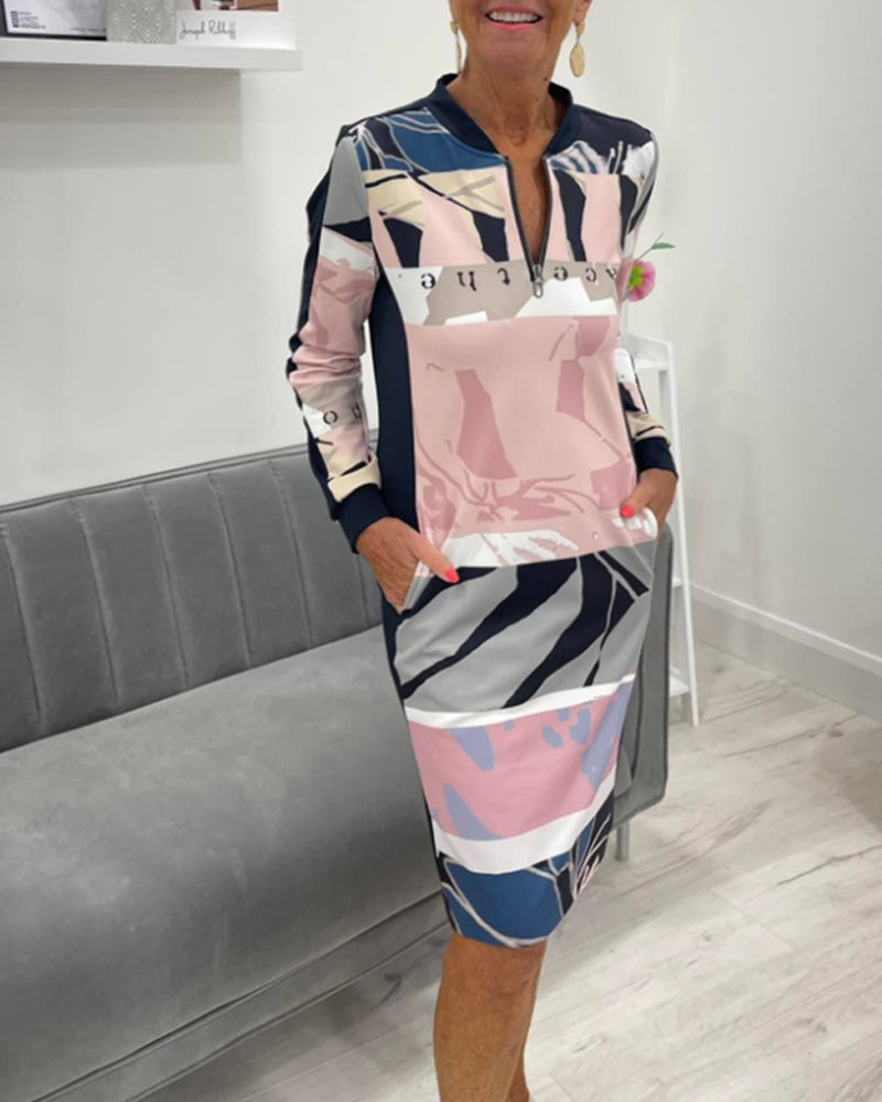 Vestido midi estampado para mujer con cremallera en el cuello - vestido de manga larga para el trabajo, salidas informales y entretiempo